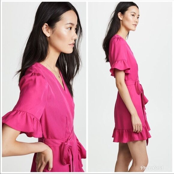 LINE + DOT Cherie Mini Wrap Dress Ruffle V-Neck Short Sleeve Fuchsia Pink Medium - Picture 2 of 15